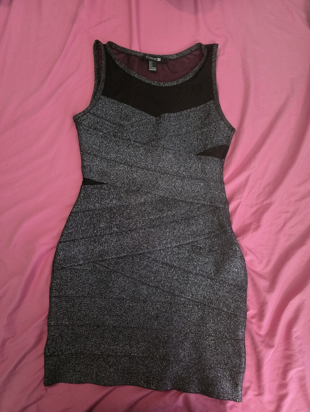 Forever 21 Silver Sparkle Bodycon Dress with Black Mesh Insets